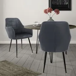 ECD Germany 2er Set Esszimmerstühle mit Samtbezug, Dunkelgrau - Ergonomische Esszimmerstühle mit Rücken- und Armlehnen, bieten hohen Sitzkomfort und stilvolles Design durch quadratische Muster. Ideal für ein modernes Esszimmer!