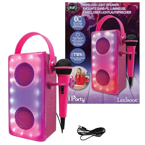 Lexibook iParty Kabelloser Bluetooth-Lautsprecher mit Mikrofon - Tragbare Bluetooth-Lautsprecher mit mehrfarbigen Lichteffekten und wiederaufladbarem Akku für unvergessliche Partymomente, ideal zum Mitsingen.