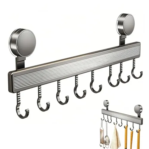 CHXAOM Saugnapf Haken Selbstklebend 20kg Tragkraft, Einfach Ohne Bohren Montieren, Hakenleiste für Küche, Badezimmer Flur Hält Auf Glas, Fliesen, Metall(Gun Grey,mit 4 Haken 30cm)