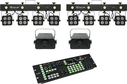 EUROLITE Set 2x LED KLS-180 + 2x LED WF-40 + DMX LED Color Chief Controller - Licht & Bühne: Kompaktes Set mit leistungsstarken RGBW-Spots und Strobe-Effekten, ideal für mobile Einsätze bei Veranstaltungen und Partys.