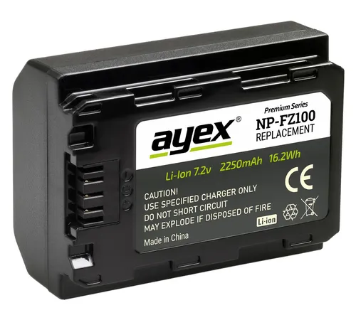 ayex NP-FZ100 Li-Ion Akku für Sony Alpha Kameras - Kamera Akku mit 1800 mAh für Sony Alpha A9, A9R, A9S, A7R III und A7 III – zuverlässige Energiequelle für längere Fotosessions.
