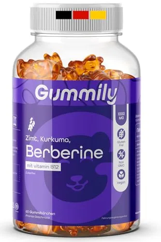 Gummily Berberin Gummibärchen 3000 mg mit Ceylon Zimt & Kurkuma - Leckere, zuckerfreie Gummibärchen mit hochdosiertem Kräuter-Komplex. Ideal für die tägliche Unterstützung des Wohlbefindens – vegan, glutenfrei und ohne künstliche Zusätze.