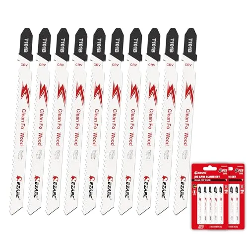 EZARC 10tlg Stichsägeblätter T101B für sauberes Holzschneiden, 10TPI T-Schaft Stichsägeblatt Set aus CRV, gebogenes und gewelltes Schneiden