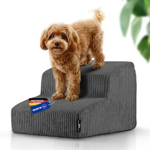 Rohrschneider Hundetreppe - Hochwertige Hundetreppe für kleine Hunde, Made in EU. Rutschfeste Unterseite und waschbarer Cordbezug für sicheren Aufstieg auf Bett und Sofa. Ideal für junge und ältere Tiere.