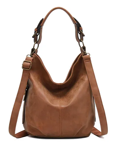 ITALYSHOP24 Schultertasche DAMEN SHOPPER Hobo Bag - Schultertaschen, 2-teiliges Spar-Set mit verstellbarem Schultergurt, ideal für Freizeit und Abendveranstaltungen, praktisches Handyfach und stilvolle Lederoptik in Cognac.