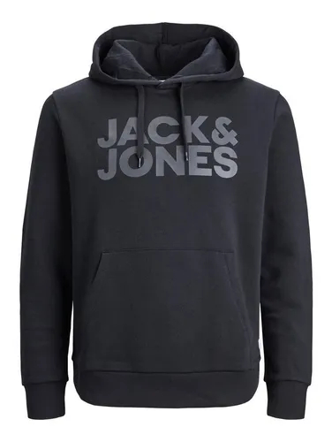 Jack & Jones JJECORP LOGO SWEAT HOOD - Modisches Kapuzensweatshirt in Schwarz - Herren-Sweatshirt mit pflegeleichtem Material, stylischem Logo-Print und praktischer Kängurutasche für einen lässigen Look.