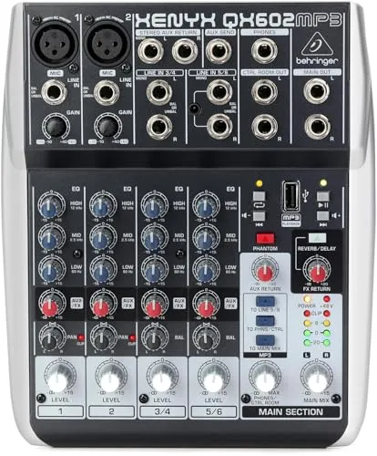 Behringer XENYX QX602MP3 - Premium 6-Input Mixer mit MP3 Player, inklusive XENYX Preamps und British EQ für professionelle Klangbearbeitung