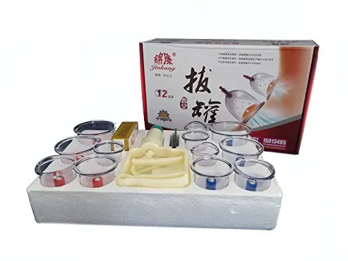 HQ Massage Schröpfen Set mit 12 Schröpfgläser aus Kunststoff mit Magneten (inkl. Gelenkschröpfen) + Vakuumpumpe E12