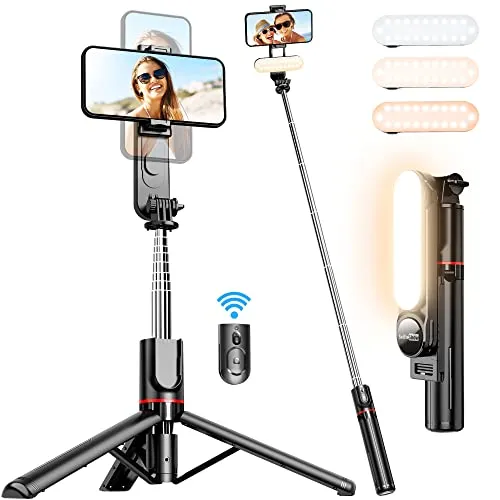 Stable Selfie Stick Stativ mit Abnehmbarer Fülllicht, 111cm Erweiterbar Handy Stativ mit Kabelloser Fernbedienung um 360° Drehbar für iPhone, Samsung, Huawei, Sony und Andere Smartphones