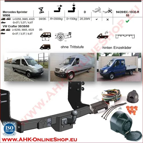 AHK ES13 für Sprinter 906 & VW Crafter 06- Pritsche - Anhängerkupplung mit 3500 kg Anhängelast, 13-poligem Elektrosatz und europäischer Zulassung – ideal für schwere Lasten und zuverlässigen Transport.