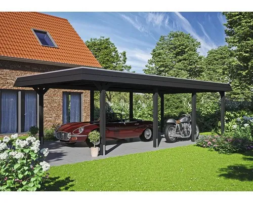 SKAN HOLZ Wendland Einzelcarport mit schwarzer Blende - Flachdach Carport in Anthrazit, aus robustem Holz, inklusive Pfostenanker und EPDM Folie für optimalen Wetterschutz.
