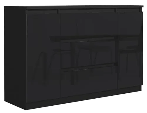 MebLocker Kommode 120 cm, 3 Schubl., 2 Türen, Schwarz Hochglanz-Fronten