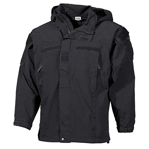 MFH Herren US Soft Shell Jacke Level 5 Schwarz Größe XL - Wasserdichte und winddichte Soft Shell Jacke für Herren. Mit verstellbarer Kapuze und zahlreichen Taschen bietet sie hohen Tragekomfort und Funktionalität im Alltag.