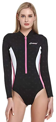 CRESSI Termico Long Sleeve Lady Swimsuit 2 mm - Damen Schwimmanzug Langärmelig , aus Stark Dehnbarem 2mm Ultraspan Double Lined Neoprene, Schwarz/Rosa/Weiß, XS/1