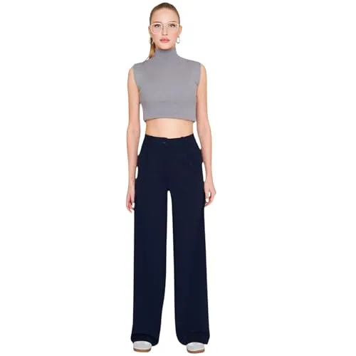 fashionshowcase Palazzohose Damen-Marlenehose mit elastischem, hohem Bund 42 navy blau