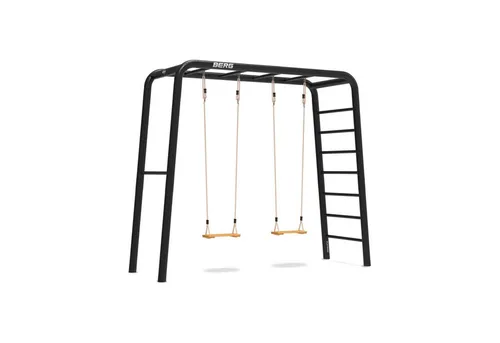 BERG PlayBase Medium TL 3-in-1 Spielplatz - Freistehende Kletterwände mit Regal, Leiter und 2 Holzschaukeln für vielseitigen Spielspaß im Garten, ideal für aktive Kinder.