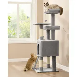 FEANDREA Kletterbaum für Katzen – 136 cm hoch, mit Rampe und mehreren Plattformen - Perfekte Rückzugsmöglichkeiten: 3 Plattformen, eine Höhle und ein Körbchen bieten jedem Stubentiger seinen Platz. Stabiler Kletterbaum mit Kratzsäulen für unbeschwertes Toben und einfache Montage.