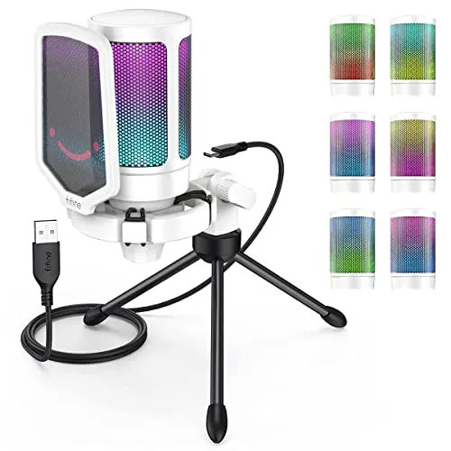 FIFINE Gaming Mikrofon PC - USB Mikrofon für PS4, PS5 und Mac, mit RGB-Effekten, Stummschalttaste und hochwertigem Zubehör für optimales Streaming und Podcasting