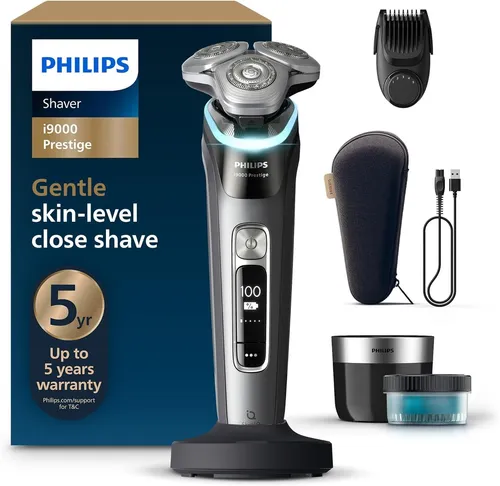 Philips Rasierer i9000 Prestige - Nass- und Trockenrasierer mit Trimmer - Hochwertiger Rasierer für Männer mit SkinIQ-Technologie für optimalen Hautkomfort und Drucksensor. Inklusive Reinigungsstation und Reiseetui für maximale Flexibilität.