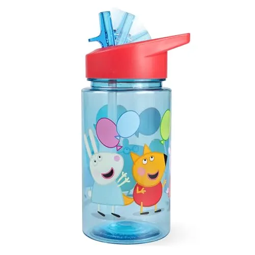 Peppa Wutz Trinkflasche Kinder 450 ml - Strohhalmflasche mit klappbarem Trinkhalm und Tragehenkel, transparente Wasserflasche aus Kunststoff PP - leicht, bruchsicher