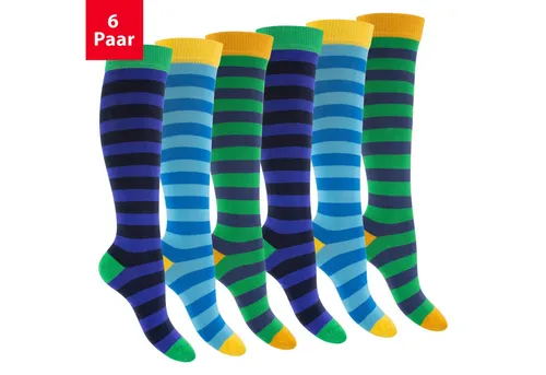 Footstar Langsocken Damen Kniestrümpfe geringelt (6 Paar) - Socken - 6er Pack mit modischen Ringeln, handgekettelte Fußspitze für hohen Tragekomfort, ideal für den Alltag.