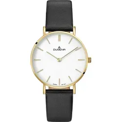 Dugena Damen-Armbanduhr 4460746 – Elegante Quarz-Uhr mit Edelstahl-Gehäuse - Stilvolle Damen-Armbanduhr mit 33,5 mm Edelstahl-Gehäuse, Saphirglas und schwarzem Lederband. Perfekt für jeden Anlass und mit zuverlässigem Quarzwerk.