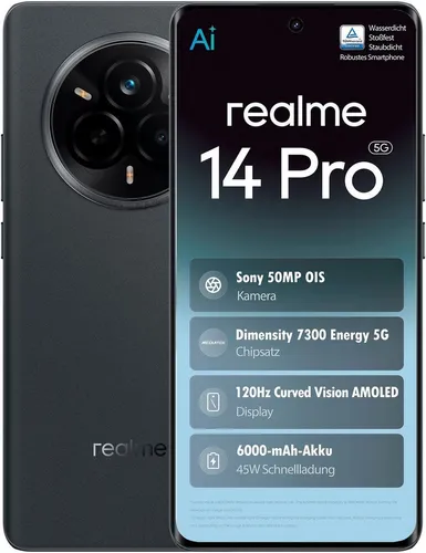 Realme 14 Pro+ - Global Version - 12/512GB - Schwarz - Handy mit 12GB RAM und 512GB Speicher für blitzschnelle Performance und viel Platz für Apps und Medien. Ideal für Technikliebhaber!