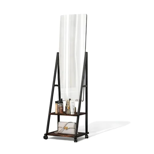 Beweglicher Standspiegel mit schwarzem Stahlrahmen und Holzregalen - Moderner Standspiegel (50x180 cm) mit praktischem Stauraum. Ideal für Ihr Wohnzimmer, freistehend und stilvoll. Perfekte Kombination aus Funktionalität und Design.