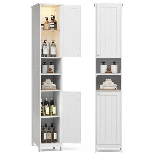 VASAGLE Badezimmerschrank mit Beleuchtung, hoch, schlanker Badschrank, Aufbewahrungsschrank mit verstellbaren Ablagen, offene Fächer, für kleine Räume, wolkenweiß BBC566W03
