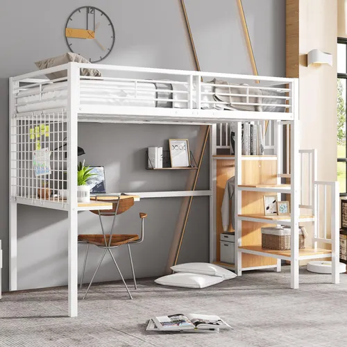 Merax Hochbett 90x200 mit Schreibtisch & Kleiderschrank - Praktisches Hochbett für Kinder mit integriertem Schreibtisch und Kleiderschrank. Ideal für kleine Räume – sicheres Schlafen und Arbeiten in einem kompakten Design. Maximale Belastbarkeit: 113 kg.