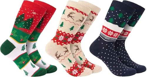 BRUBAKER 3 Paar Weihnachtssocken - Lustige Socken für Damen und Herren mit Weihnachtsmotiven - Weihnachtsbaum Muster Beige, Rot und Blau - Baumwolle - Geschenk Weihnachten - EU 41-45