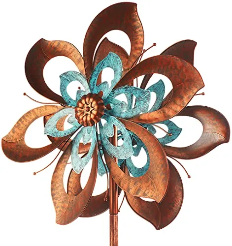 Kobolo Windrad Flower XXL, 61x213 cm, braun, XXL Metallwindrad, wetterfester & dekorativer Gartenstecker als Eyecatcher für Beet, Rasen, Vorgarten & Moderne Gartengestaltung