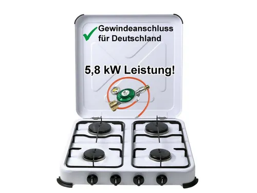 BlueCraft Gaskocher 4 flammig 50mbar Propan Gas Campingkocher 5,8 kW Gas-Kochfeld Gasherd, (mit Schlauch 100 cm und Gas Regler Druckminderer mit Manometer), Camping Gas Kocher 4 flammen für Gasflasche