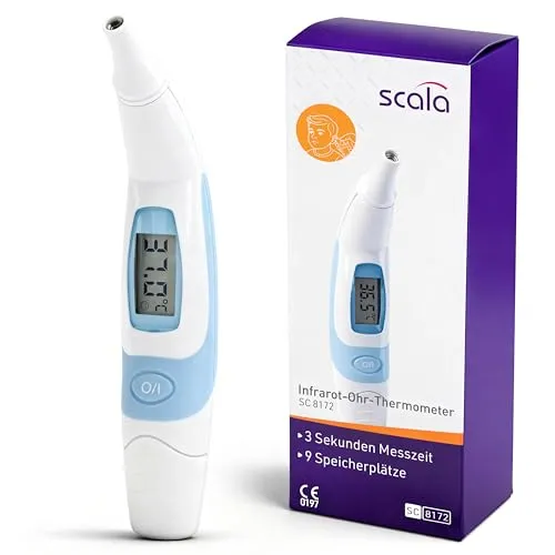 scala SC 8172 Infrarot Ohrthermometer - Ohrthermometer mit schneller, zuverlässiger Temperaturmessung und 9-fach Speicher für letzte Messwerte. Zertifiziert nach EU-Richtlinie 93/42/EWG - ideal für die ganze Familie.
