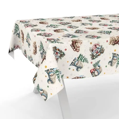 Tischdecke Weihnachten Weihnachtstischdecke abwaschbar Lotuseffekt wasserabweisend Tischtuch pflegeleicht Baumwolle Polyester Motiv Weihnachtsmann Beige 100x140cm