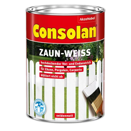 Consolan Zaun-Weiß 2,5 l - Außen Holzschutz Grundierung - Hochdeckende, wasserbasierte Grundierung für Holz, elastisch und wetterfest. Ideal für Carports und Gartenhäuser, sorgt für optimalen Wetterschutz.