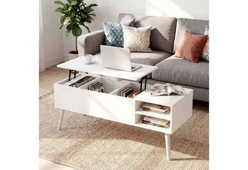 VOWNER Höhenverstellbarer Couchtisch mit Stauraum in Weiß - Praktischer Lift Top Couchtisch für das Wohnzimmer – cleveres Design mit versteckten Fächern und stabilen Kiefernholzbeinen. Ideal für kleine Räume, bietet er flexiblen Stauraum und eine bequeme Nutzungshöhe.