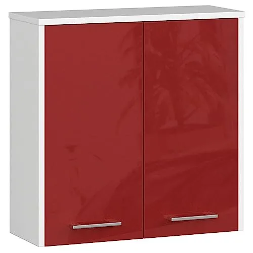 3E 3xE living.com Hängender Badezimmerschrank: Zwei Türen, Zwei Einlegeböden, Farbe: weiß | Rot glänzend, A: B: 60 cm, H: 60 cm, T: 22,5 cm.