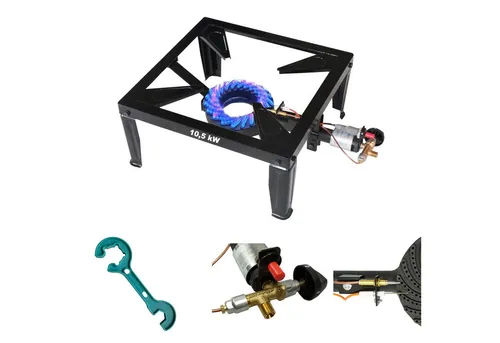 BlueCraft Gaskocher mit Piezozündung und Zündsicherung - Vielseitiger Hockerkocher für große Feste, ideal für Vereine und Brauer. Mit stufenlos regelbarer Leistung bis 10,5 kW und inklusive 2 in 1 Gasregler-Schlüssel für einfaches Handling.