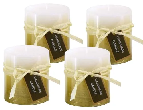 Stumpenkerze, handgemacht Weiss-Gold-Metallic (4er Set) 7,2 x 6,8 cm - Kerze für Adventskranz, Kerzen, Advent