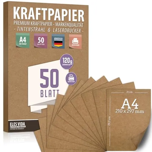 Blatt Kraftpapier A4 Set - 120 g - 21 x 29,7 cm - DIN Format - Bastelpapier & Naturkarton Pappe Blätter aus Kraftkarton zum Drucken, Kartonpapier Basteln für Vintage Hochzeit Geschenke Etiketten 50
