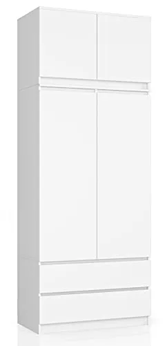 Home Collective Kleiderschrank weiß, Schrank mit 2 Türen und 2 Schubladen, 90cm breit mit Erweiterung auf 234 cm, Kleiderstange, Garderobe, Schlafzimmer, Wohnzimmer