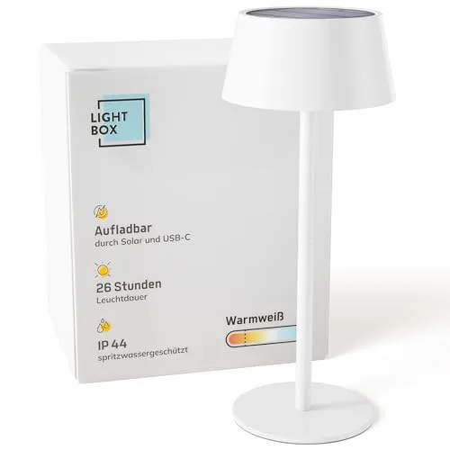 Lightbox LED Außen Tischlampe | Kabellose Solar Tischleuchte mit Touch Dimmer - Lampen - Diese kabellose, solarbetriebene Tischlampe mit 3-Stufen Touch Dimmer bietet spritzwassergeschützten Komfort und ist ideal für Garten, Balkon oder Camping.