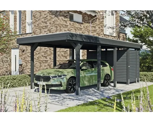 Skan Holz Carport Friesland Hybrid 314 cm x 708 cm Anthrazit - Robuster Flachdach-Carport aus imprägniertem Nadelholz mit modernem Aluminium-Trapezprofil, ideal für sicheren Schutz von Fahrzeugen und zusätzlichem Abstellraum.