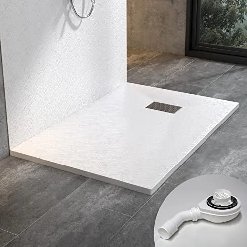 WITEN&NOCK Duschwanne 100x90 cm Weiß Steinoptik Antirutsch Duschtasse Höhe 3,2 cm Niedrige Schwelle Extraflach Brausetasse mit Ablaufgarnitur Ø 90 mm