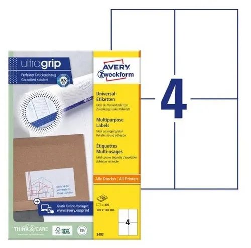 AVERY Zweckform UltraGrip Universaletiketten 3483 - Selbsthaftende DIN A4 Etiketten in Weiß, 400 Stück für vielseitige Anwendungen