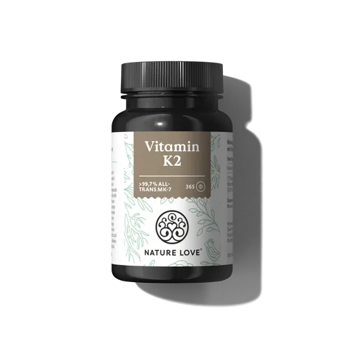 Vitamin K2 365 Tabletten von Nature Love - Nahrungsergänzungsmittel mit 365 Tabletten, unterstützt die Knochengesundheit und ist rezeptfrei erhältlich.