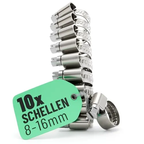 greate 10x Schlauchschellen Edelstahl 8-16 mm - Einstellbare Schlauchschelle mit 9 mm Bandbreite - Rohrschelle rostfrei - Schellen für Pool, Teich, Waschmaschine uvm - Schraubschellen Edelstahl 304