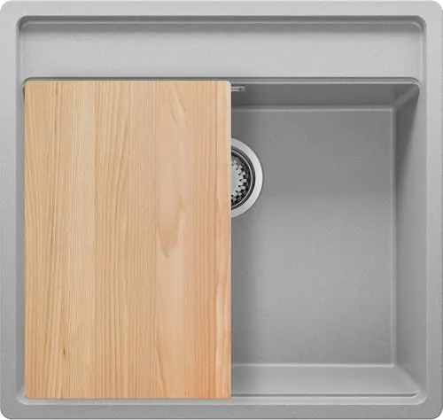 PRIMAGRAN Unterbauspüle Granit Grau 56x53cm, Spülbecken 1 Becken + Ablauf-Set + Schneidebrett, Granitspüle ab 60er Unterschrank - Bergen S108