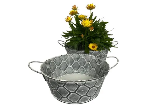 Online-Fuchs Blumentopf 2er Set Blumenschalen aus Zink im Waben-Dekor Form wählbar (Rund Oval, Metall, Silber, Grau, Vintage-Optik, Eimer), Maße: Ovale Schale ca. 30 x 19 x 11 cm. Rund ca. 22 x 25 x 11 cm